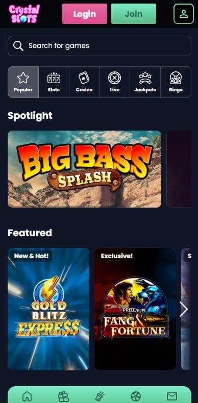 The game collection at Crystal Slots mobile site