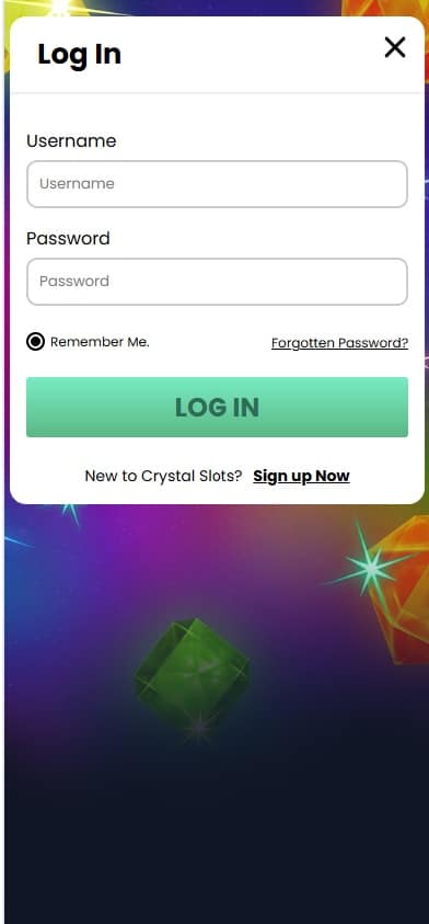 Crystal Slots mobile login page