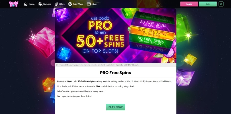 Pro free spins promotion at Crystal Slots