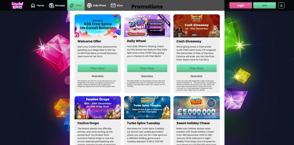 Promotions at Crystal Slots