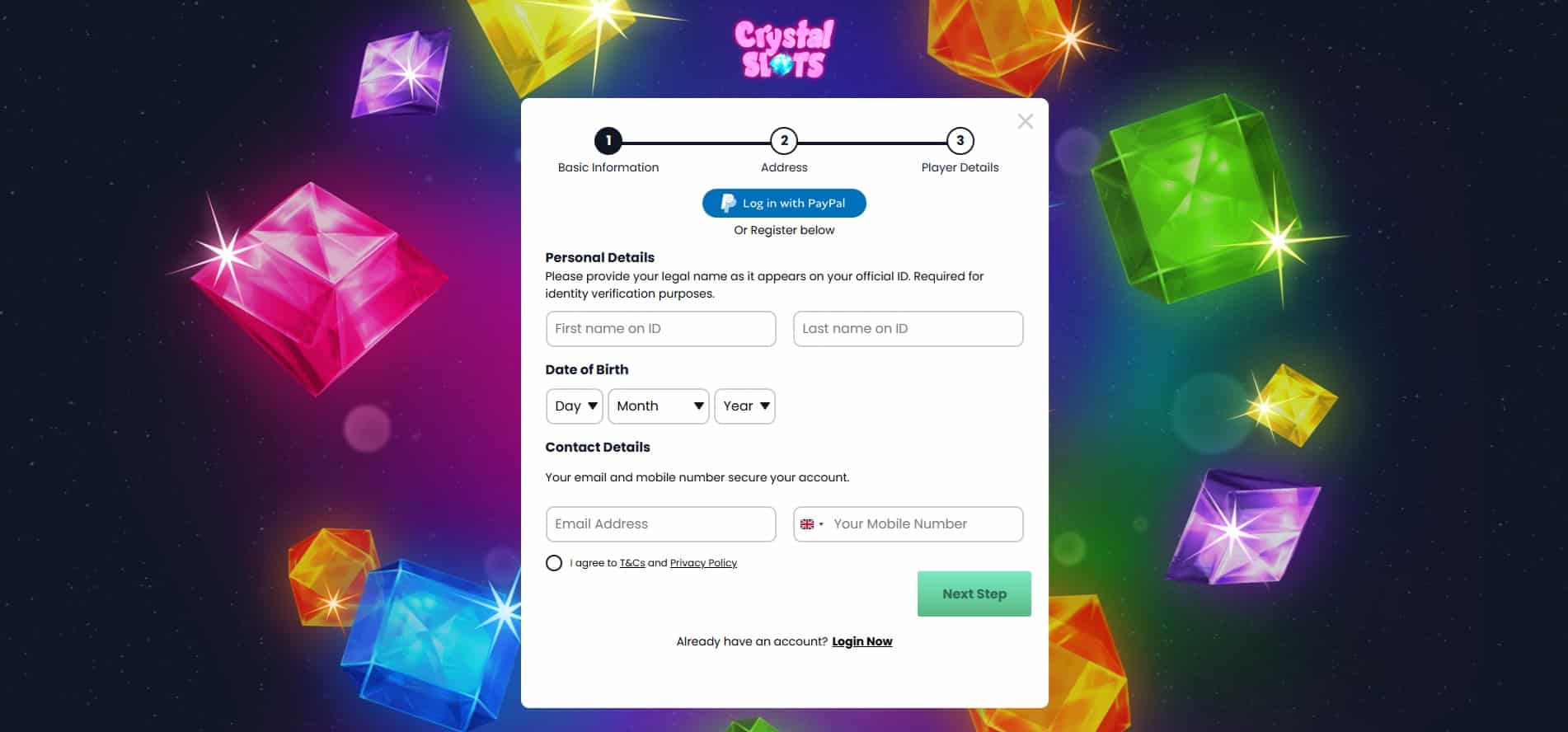 First page of the Crystal Slots sign up process