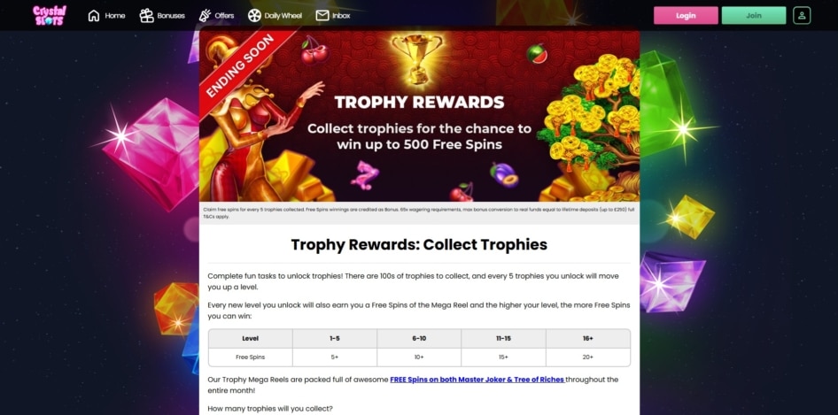 Trophy rewards at Crystal Slots