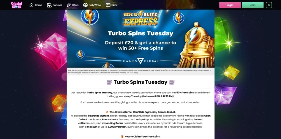 Turbo Spins Tuesday promotion at Crystal Slots
