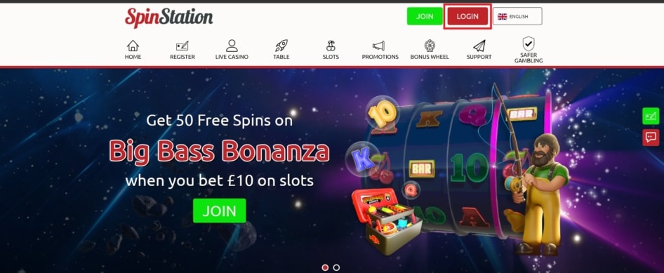 Spin Station Casino's login button can be found right next to the sign-up button