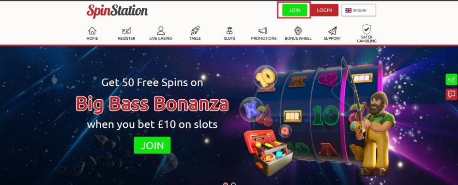 Spin Station Casino's registration button is in the site's upper-right corner