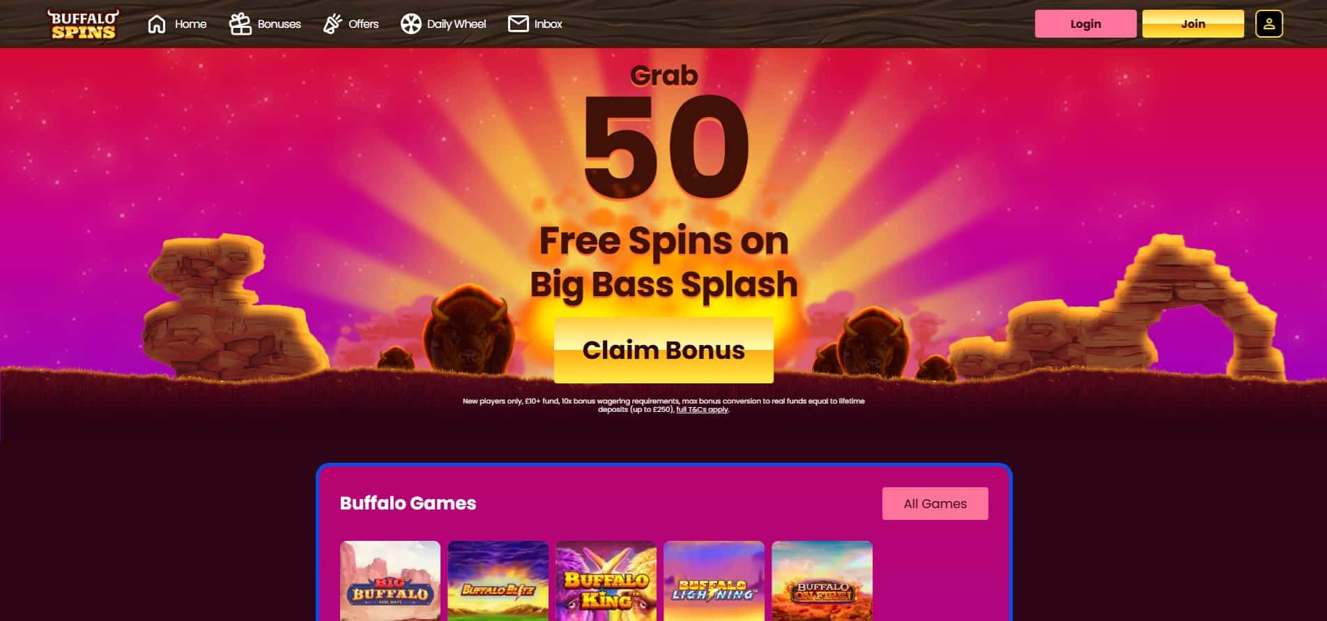 Buffalo Spins homepage