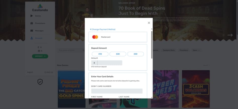 Deposit page at Casilando