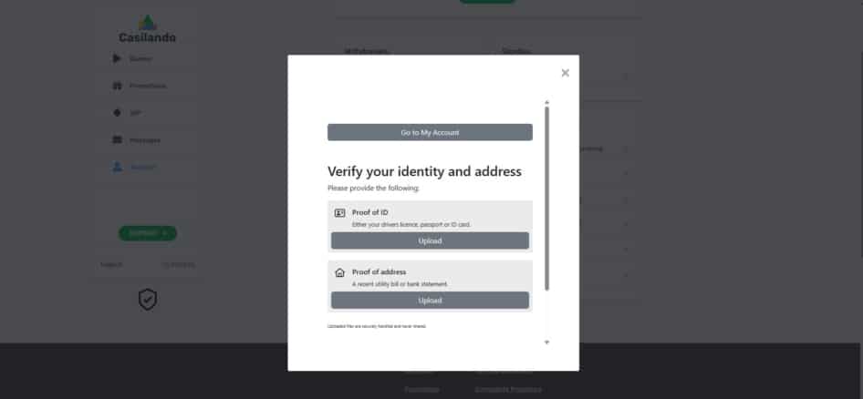 KYC page at Casilando casino