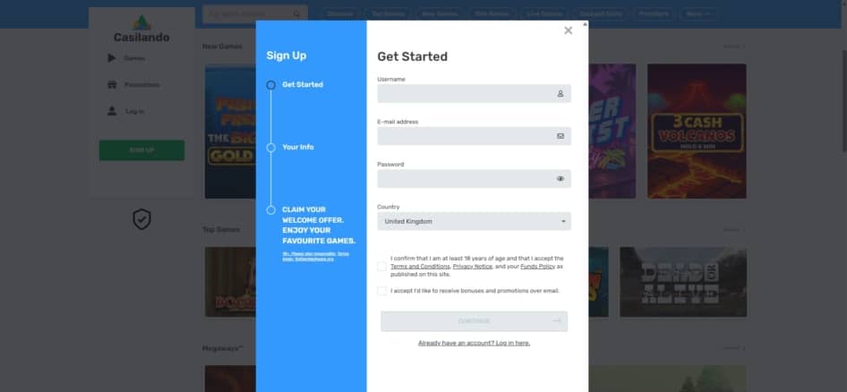 First page of the Casilando sign up process