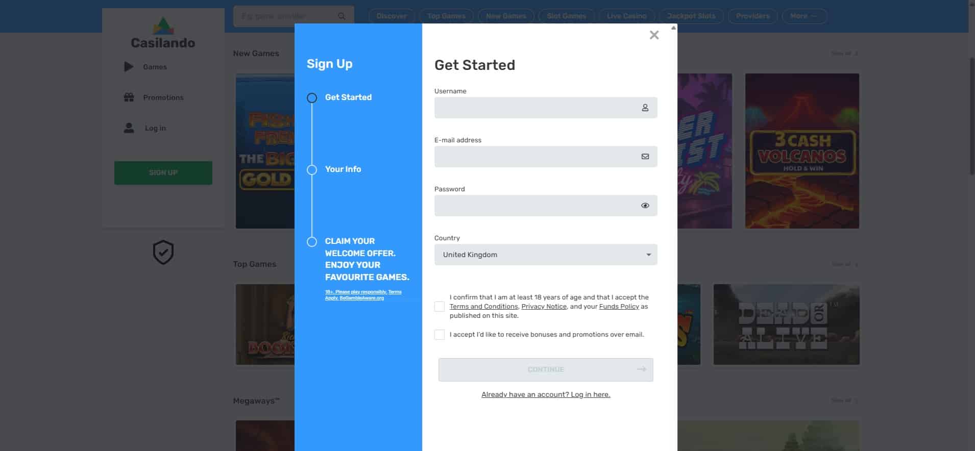 First page of the Casilando sign up process