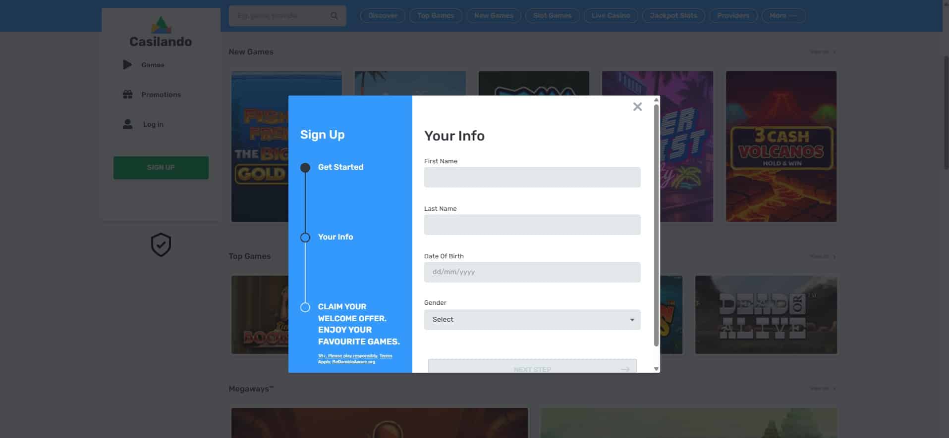 Third step in the Casilando sign up process