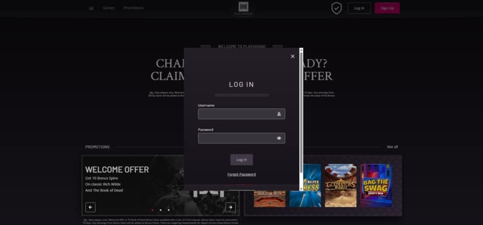 The login page at PlayGrand Casino