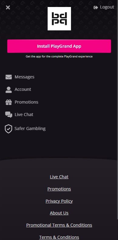 PlayGrand mobile account page