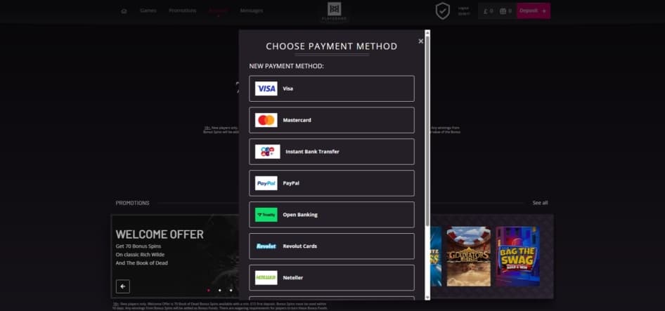 Payment selection page at PlayGrand Casino