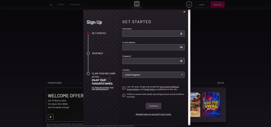 First page of the PlayGrand sign up process