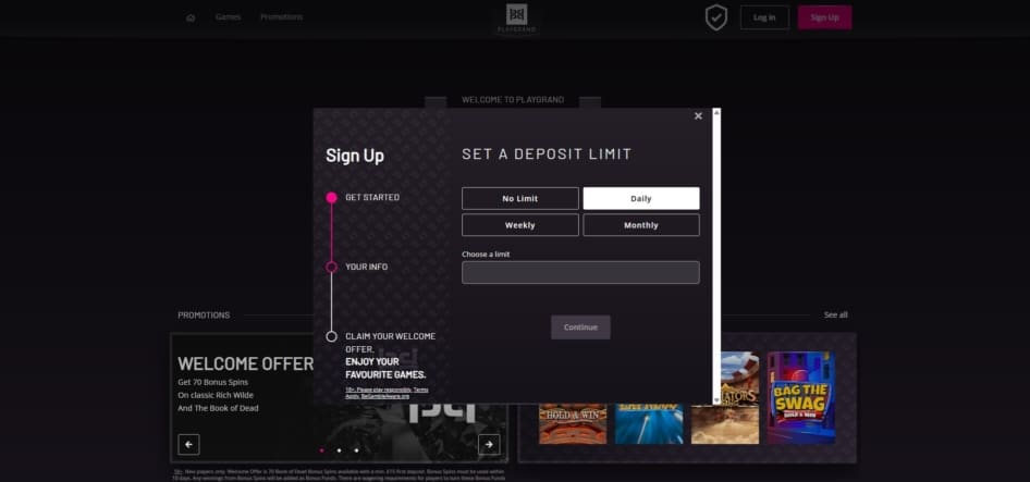 Second page of the PlayGrand sign up process