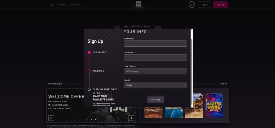 Third page of the PlayGrand sign up process