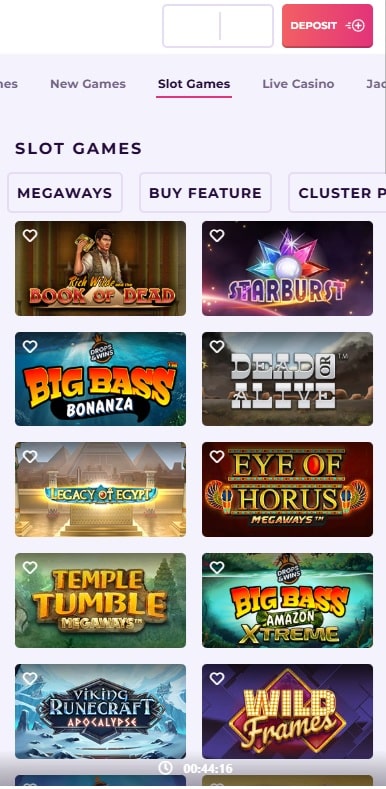 The game collection at Slot Planet on mobile