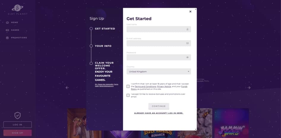 First page of the Slot Planet sign up process