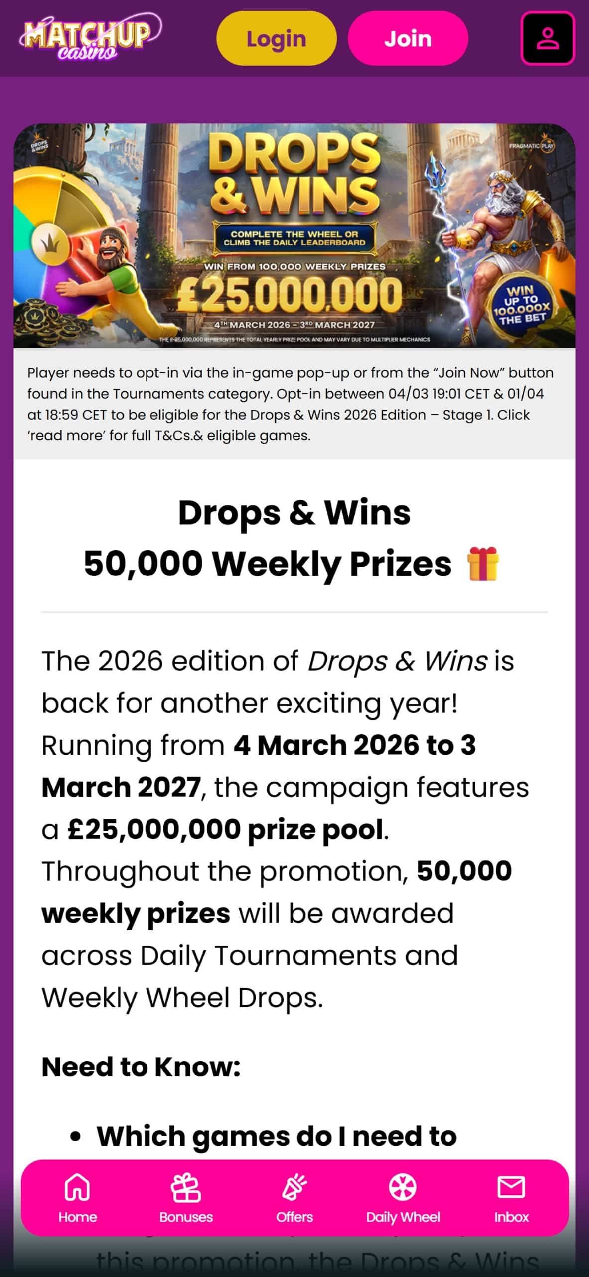 Drops & Wins at Matchup Casino UK