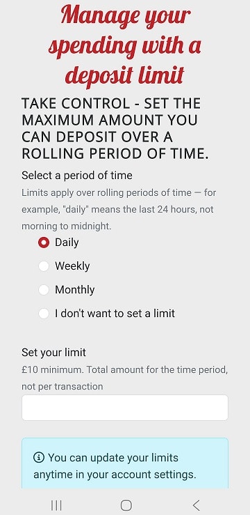 New players can also set their daily, weekly, or monthly deposit limits via the app