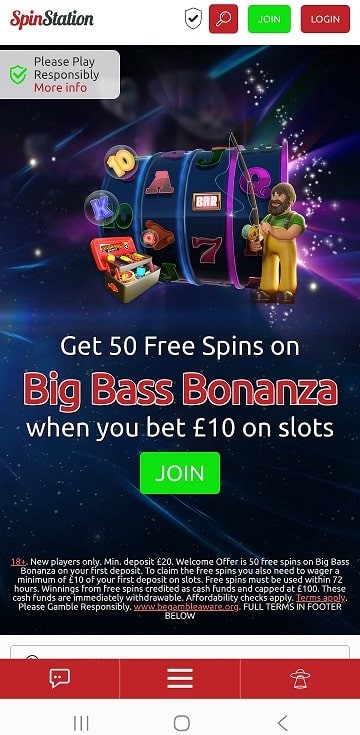 The mobile registration button at Spin Station Casino is highlighted in green colour