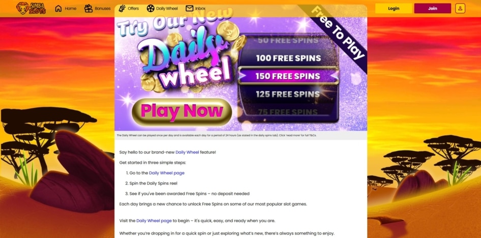 Daily Wheel promotion at Simba Slots
