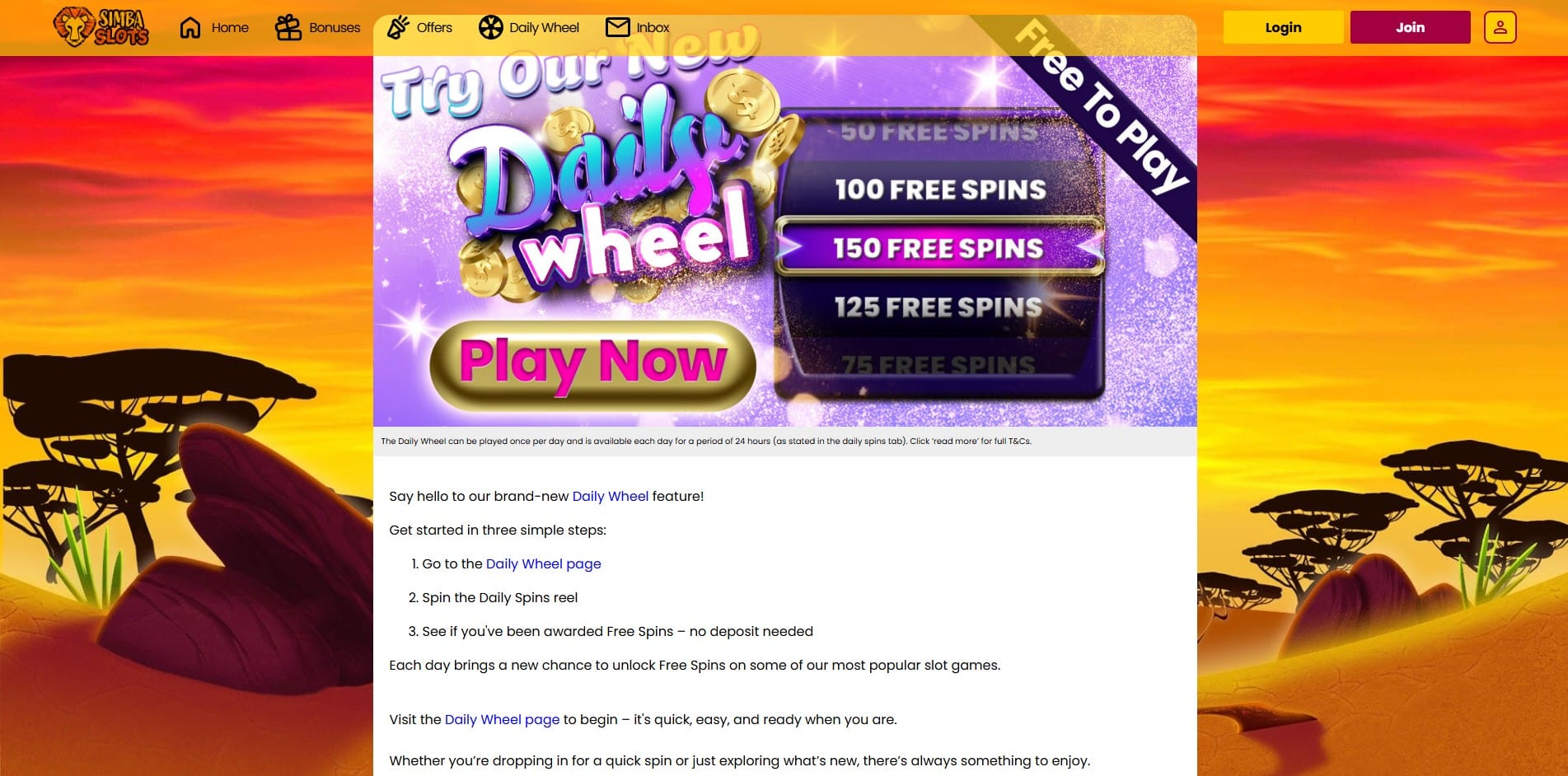 Daily Wheel promotion at Simba Slots