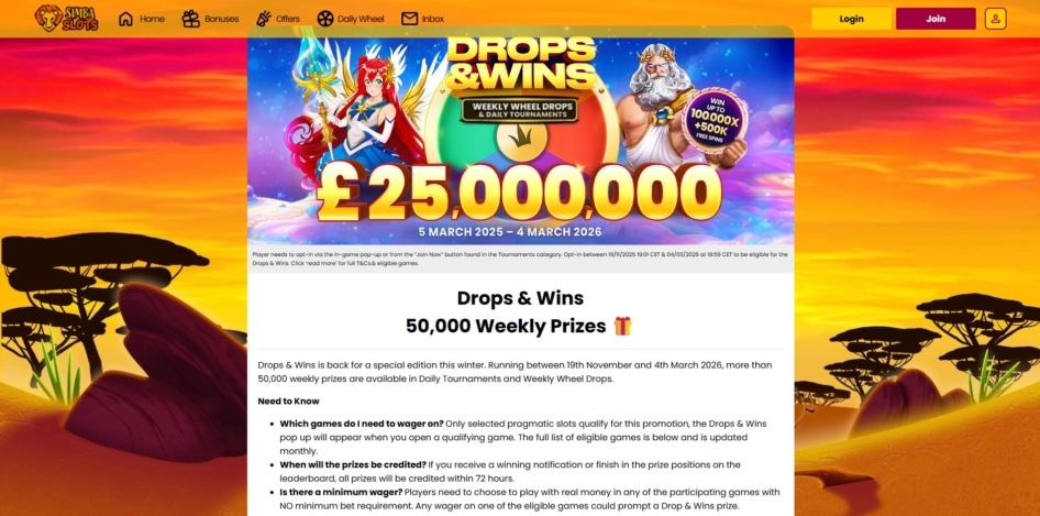 The Drops and Wins promotion at Simba Slots
