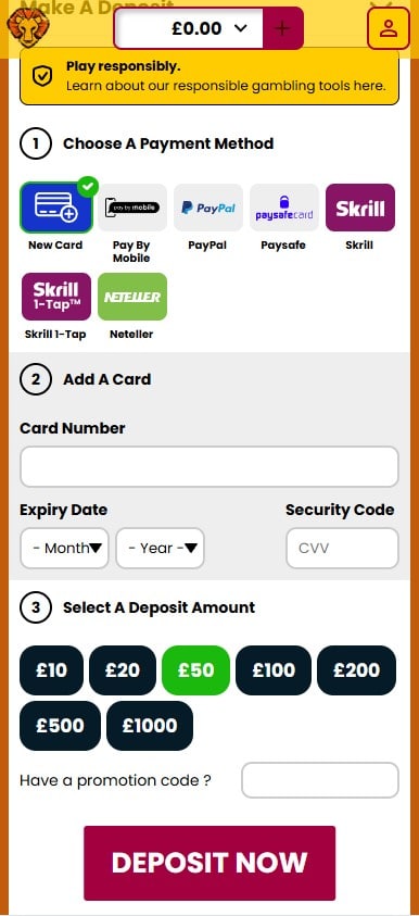 The deposit page at Simba Slots on mobile