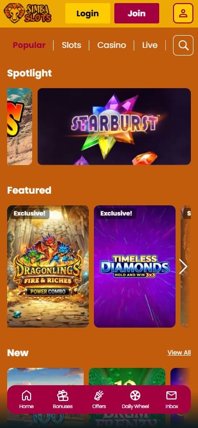 Games at Simba Slots on mobile