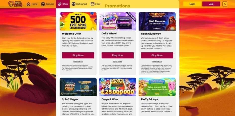 Offers at Simba Slots