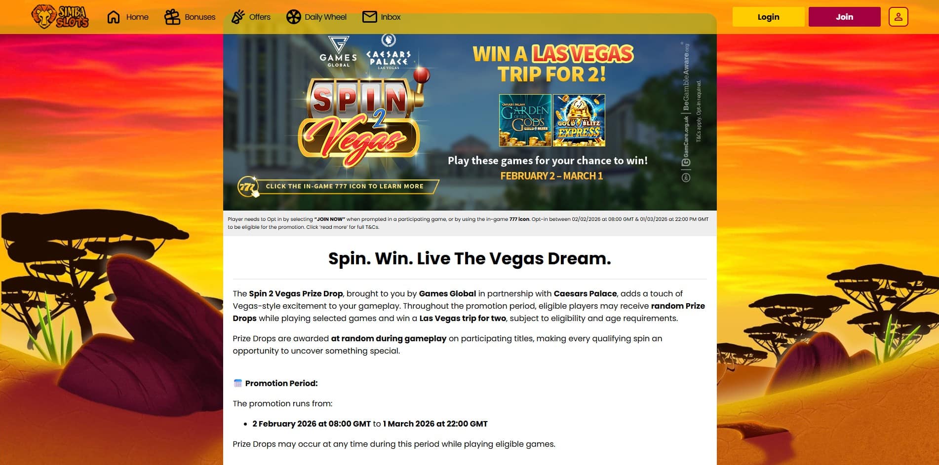 The Spin 2 Vegas Prize Drop promo at Simba Slots