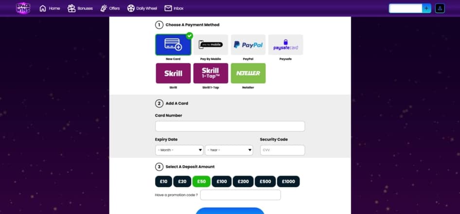 Deposit page at Space Wins
