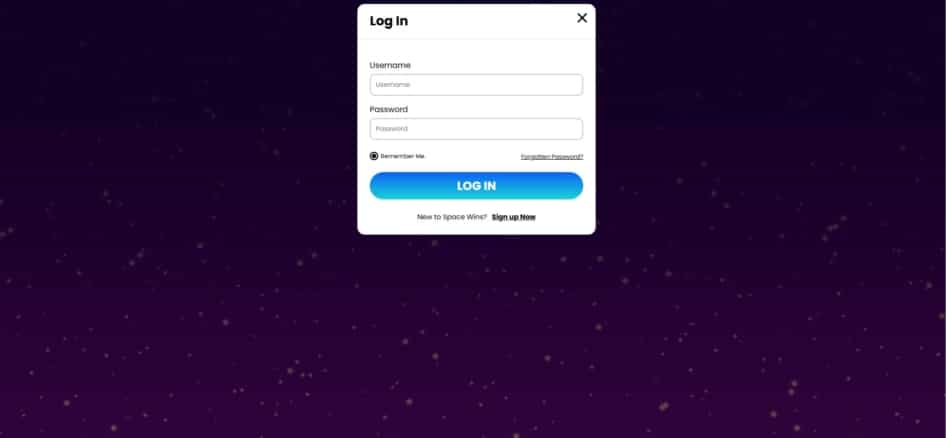 Log in page at Space Wins
