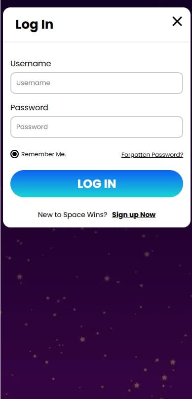 Space Wins mobile login page