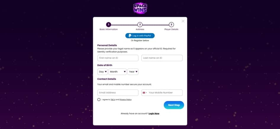 First page of the sign up process at Space Wins