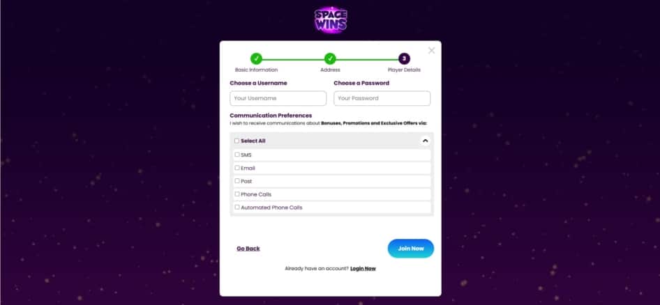 The final page of the sign up process at Space Wins