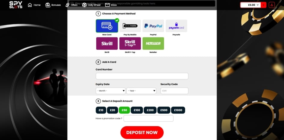 The deposit page at Spy Slots