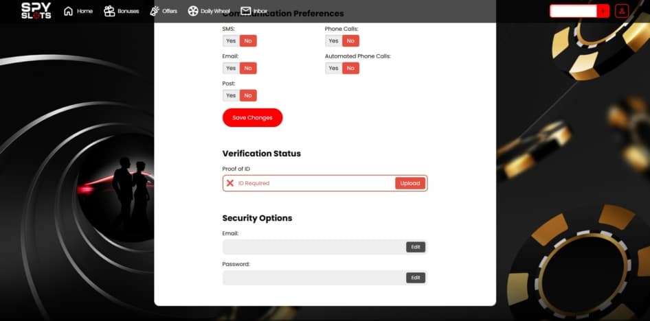 The account details page at Spy Slots with KYC option