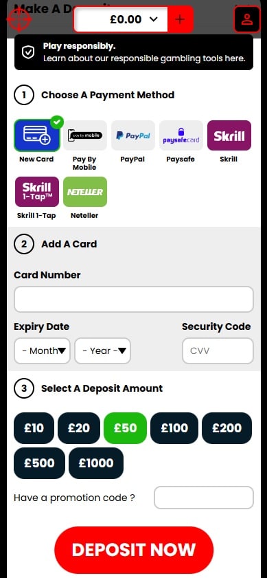 Deposit page at Spy Slots mobile