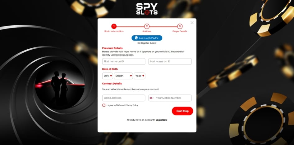 First page of the Spy Slots sign up process