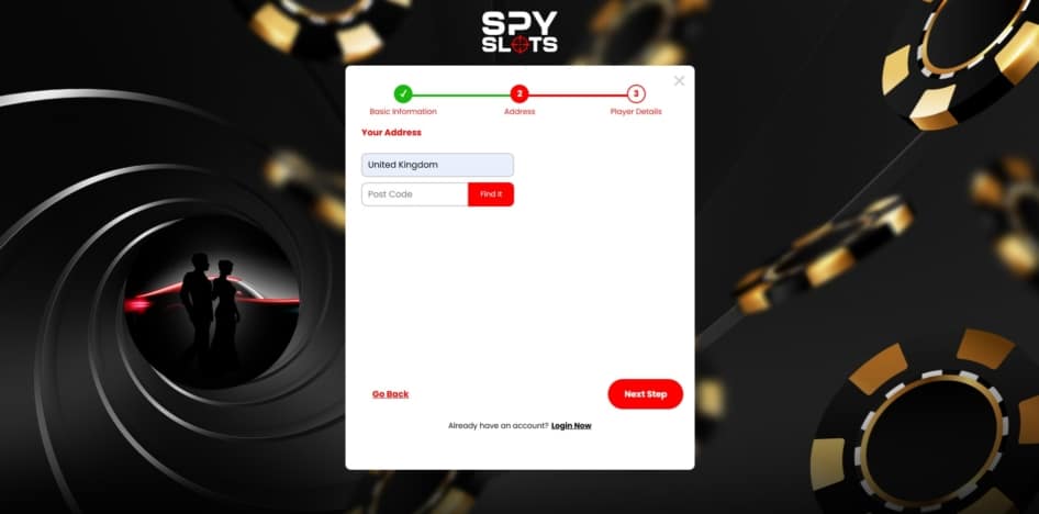 Second page of the Spy Slots sign up process