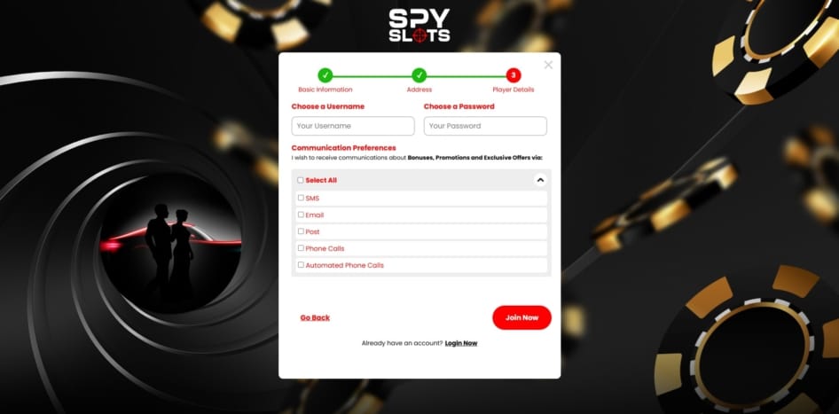 Final page of the Spy Slots sign up process