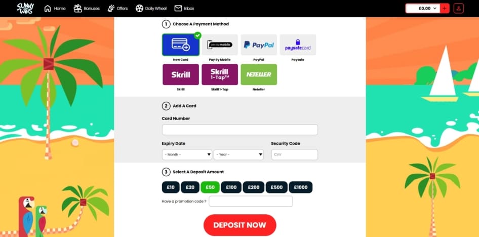 Sunny Wins deposit page