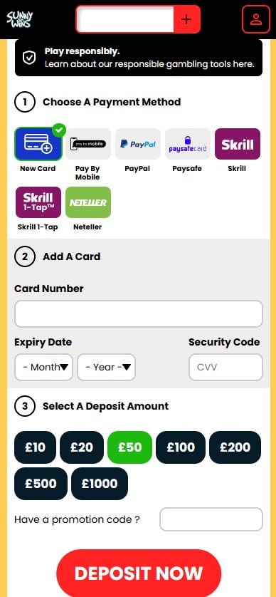 Sunny Wins mobile deposit page