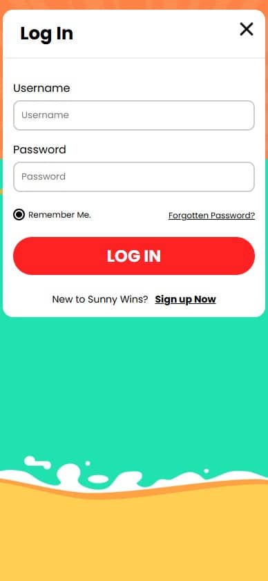 Login page at Sunny Wins mobile site