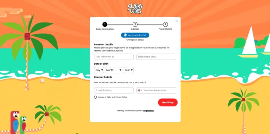 First page of the Sunny Wins sign up process