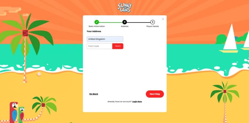 Second page of the Sunny Wins sign up process