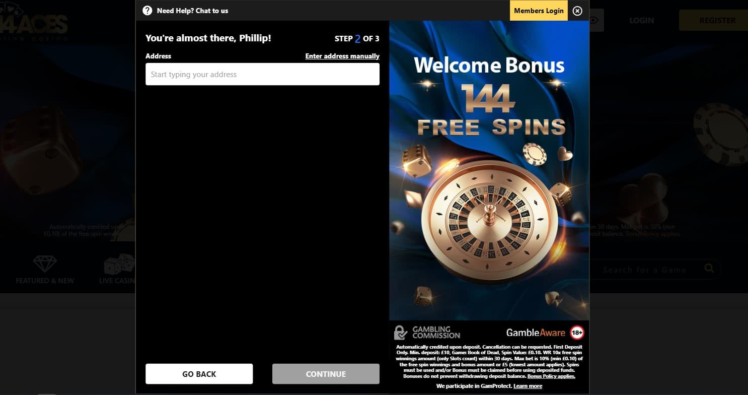 Address verification is the first step to opening a 44 Aces account